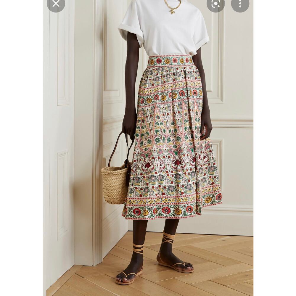 Alice + Olivia Earla embroidered cotton linen midi skirt floral‎ pot ecru 0 $495